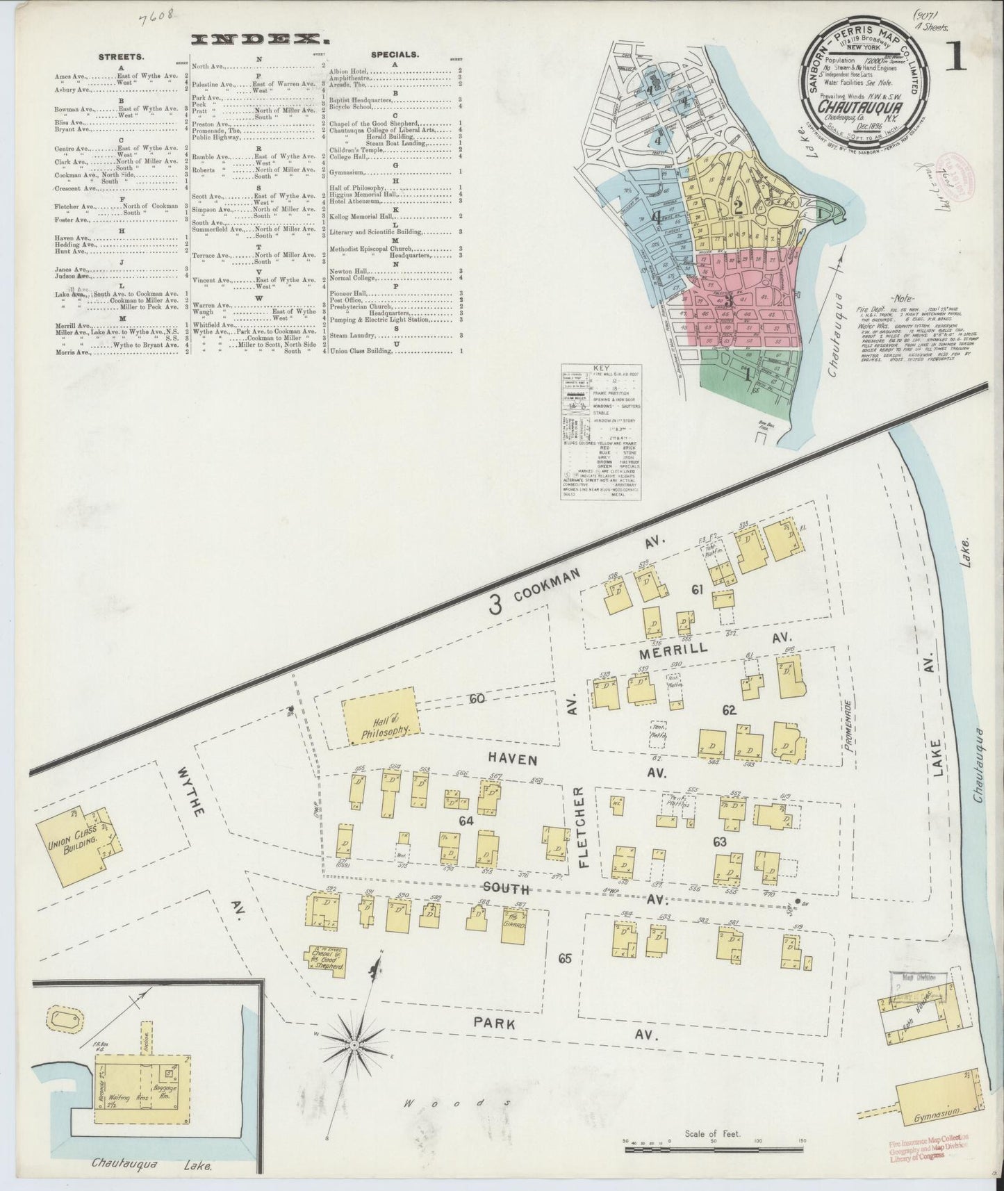 Sanborn Fire Insurance Map from Chautauqua, Chautauqua County, New York (1896), Sheet #0001 - Historic Sanborn Fire Insurance Map Print, vintage old map wall art, antique decor, genealogy gift, New York New York map