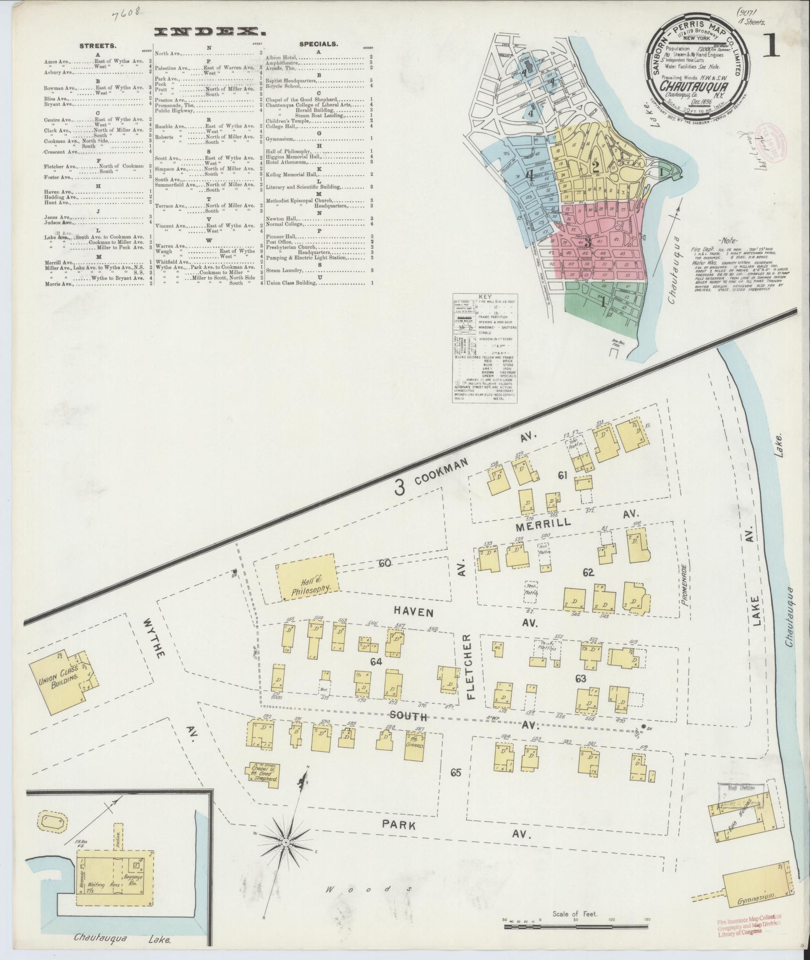 Sanborn Fire Insurance Map from Chautauqua, Chautauqua County, New York (1896), Sheet #0001 - Historic Sanborn Fire Insurance Map Print, vintage old map wall art, antique decor, genealogy gift, New York New York map