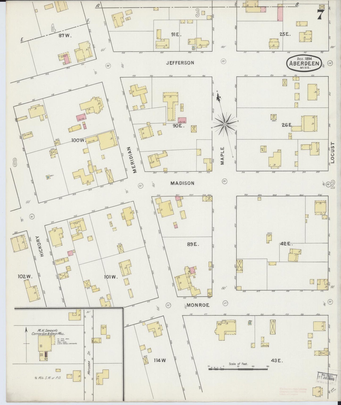 Sanborn Fire Insurance Map from Aberdeen, Monroe County, Mississippi (1894), Sheet #0007 - Complete Map Set gallery image, historic Sanborn map, vintage wall art, Mississippi Mississippi
