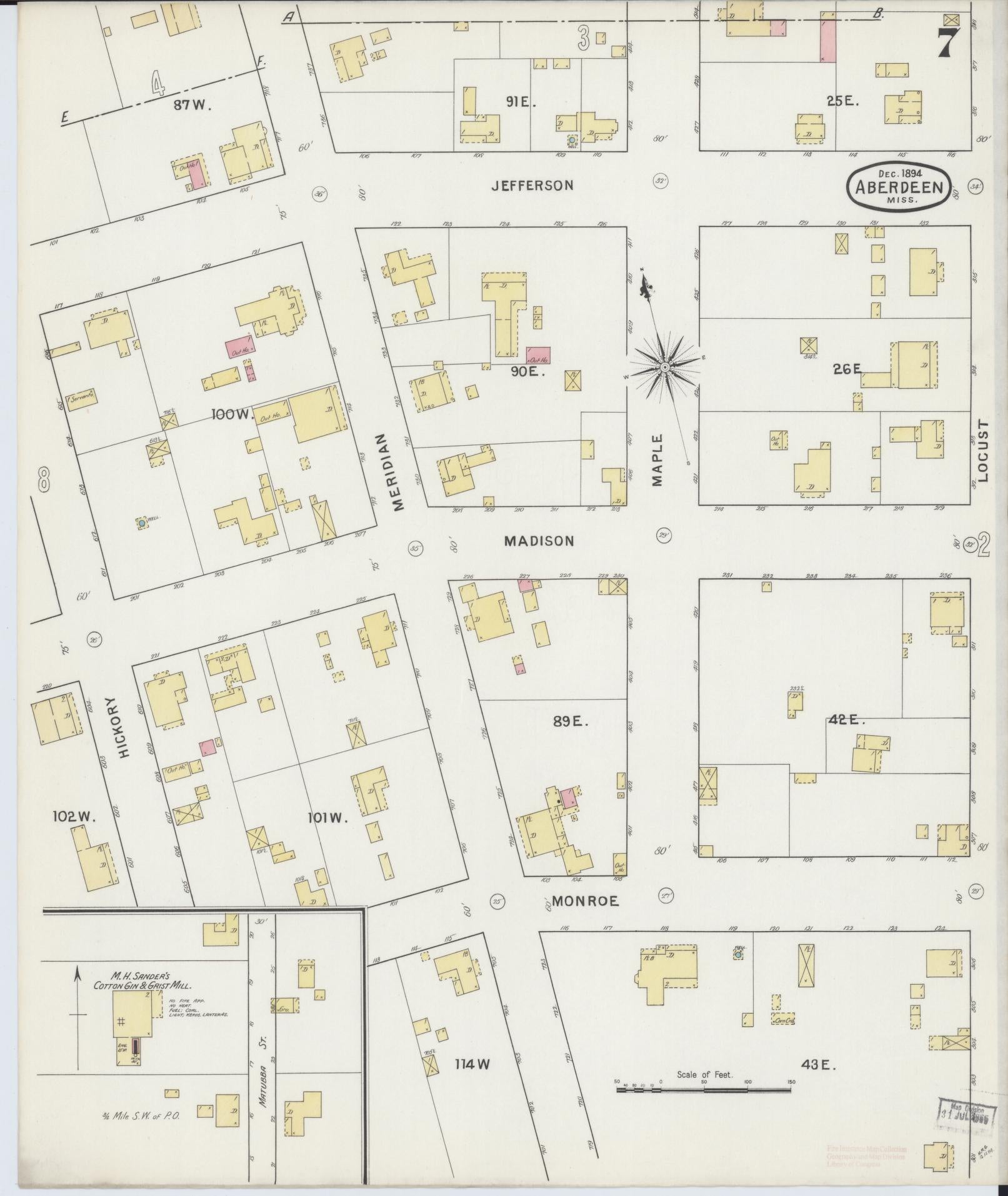 Sanborn Fire Insurance Map from Aberdeen, Monroe County, Mississippi (1894), Sheet #0007 - Complete Map Set gallery image, historic Sanborn map, vintage wall art, Mississippi Mississippi