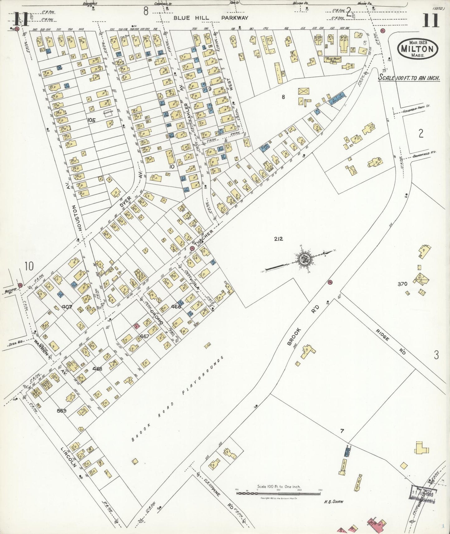Sanborn Fire Insurance Map from Milton, Norfolk County, Massachusetts (1923), Sheet #0011 - Complete Map Set gallery image, historic Sanborn map, vintage wall art, Massachusetts Massachusetts