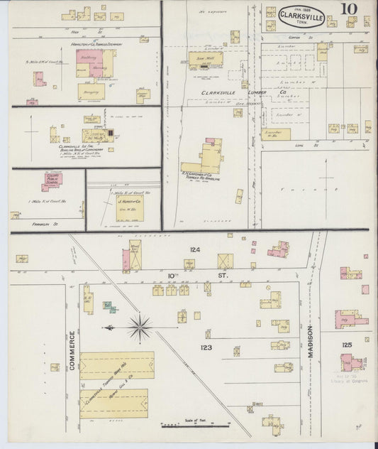 Sanborn Fire Insurance Map from Clarksville, Montgomery County, Tennessee (1889), Sheet #0010 - Historic Sanborn Fire Insurance Map Print, vintage old map wall art, antique decor, genealogy gift, Tennessee Tennessee map