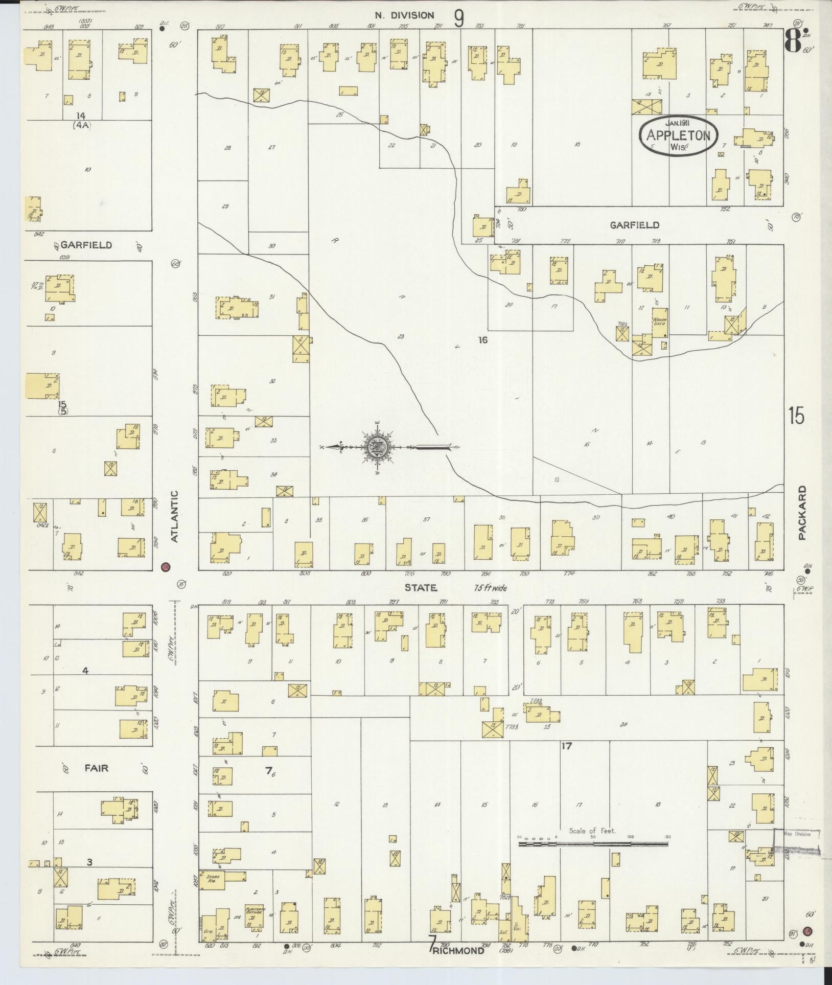 Sanborn Fire Insurance Map from Appleton, Outagamie County, Wisconsin (1911), Sheet #0008 - Historic Sanborn Fire Insurance Map Print, vintage old map wall art, antique decor, genealogy gift, Wisconsin Wisconsin map