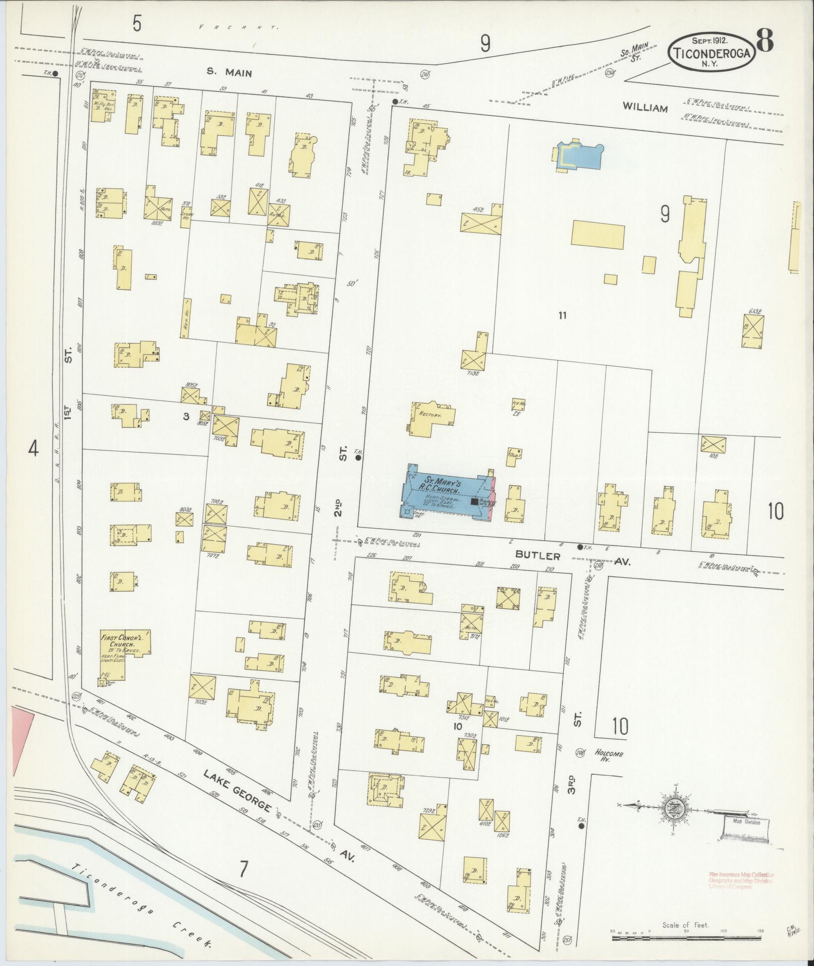 Sanborn Fire Insurance Map from Ticonderoga, Essex County, New York (1912), Sheet #0008 - Historic Sanborn Fire Insurance Map Print, vintage old map wall art, antique decor, genealogy gift, New York New York map