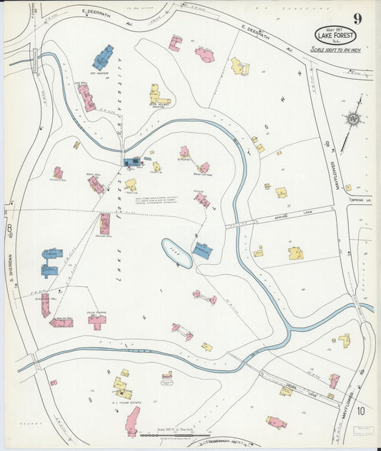 Sanborn Fire Insurance Map from Lake Forest, Lake County, Illinois (1917), Sheet #0009 - Historic Sanborn Fire Insurance Map Print, vintage old map wall art, antique decor, genealogy gift, Illinois Illinois map