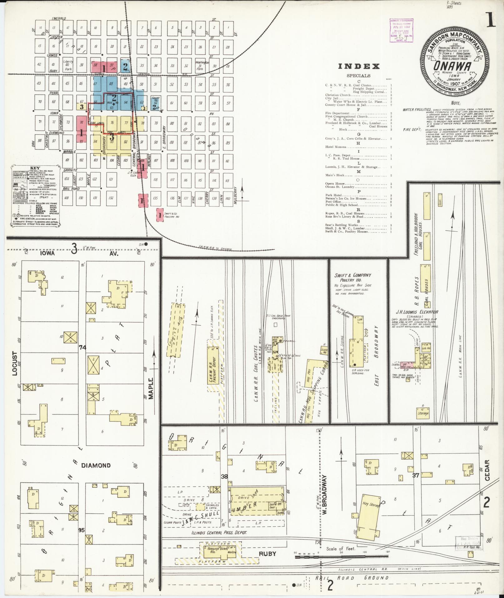 Sanborn Fire Insurance Map from Onawa, Monona County, Iowa (1907), Sheet #0001 - Historic Sanborn Fire Insurance Map Print