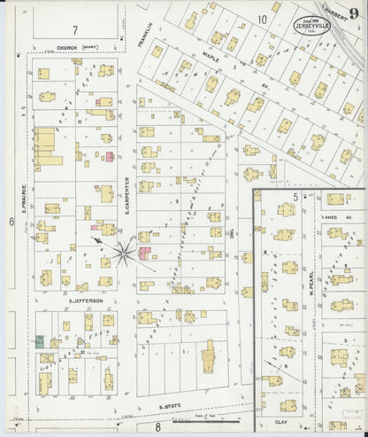 Sanborn Fire Insurance Map from Jerseyville, Jersey County, Illinois (1906), Sheet #0009 - Complete Map Set gallery image, historic Sanborn map, vintage wall art, Illinois Illinois
