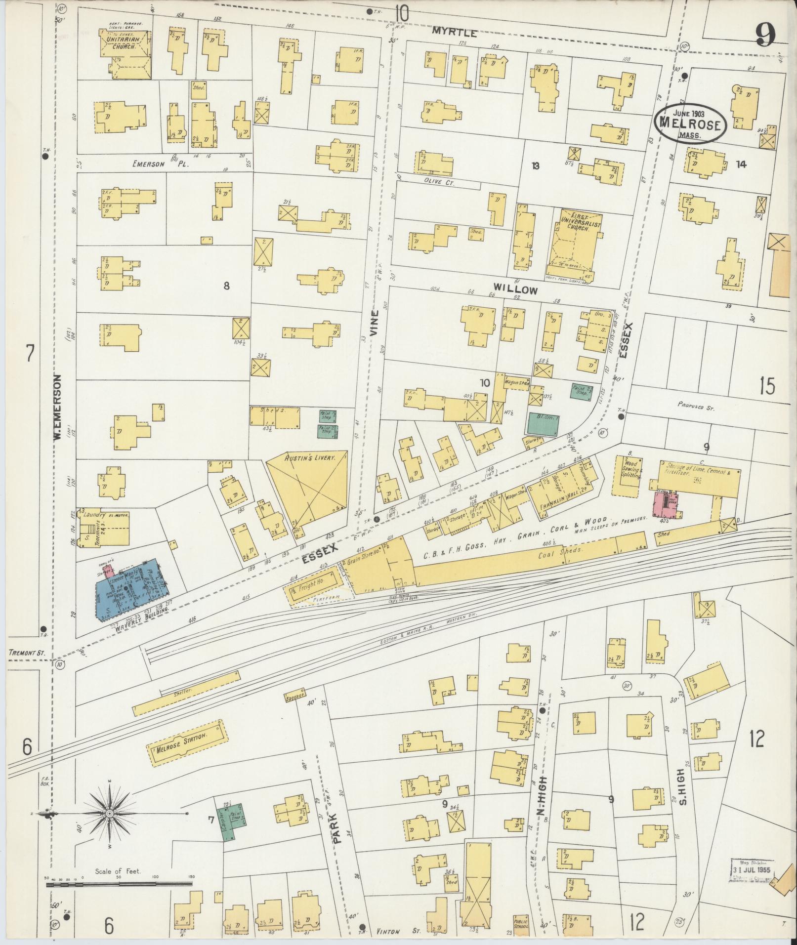 Sanborn Fire Insurance Map from Melrose, Middlesex County, Massachusetts (1903), Sheet #0009 - Historic Sanborn Fire Insurance Map Print, vintage old map wall art, antique decor, genealogy gift, Massachusetts Massachusetts map