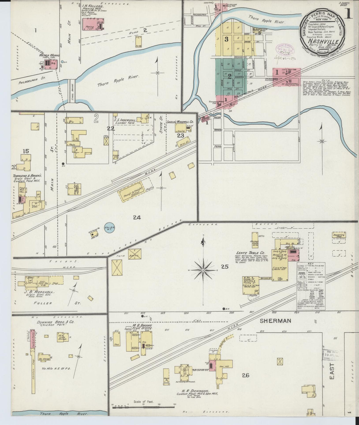 Sanborn Fire Insurance Map from Nashville, Barry County, Michigan (1893), Sheet #0001 - Historic Sanborn Fire Insurance Map Print, vintage old map wall art, antique decor, genealogy gift, Michigan Michigan map