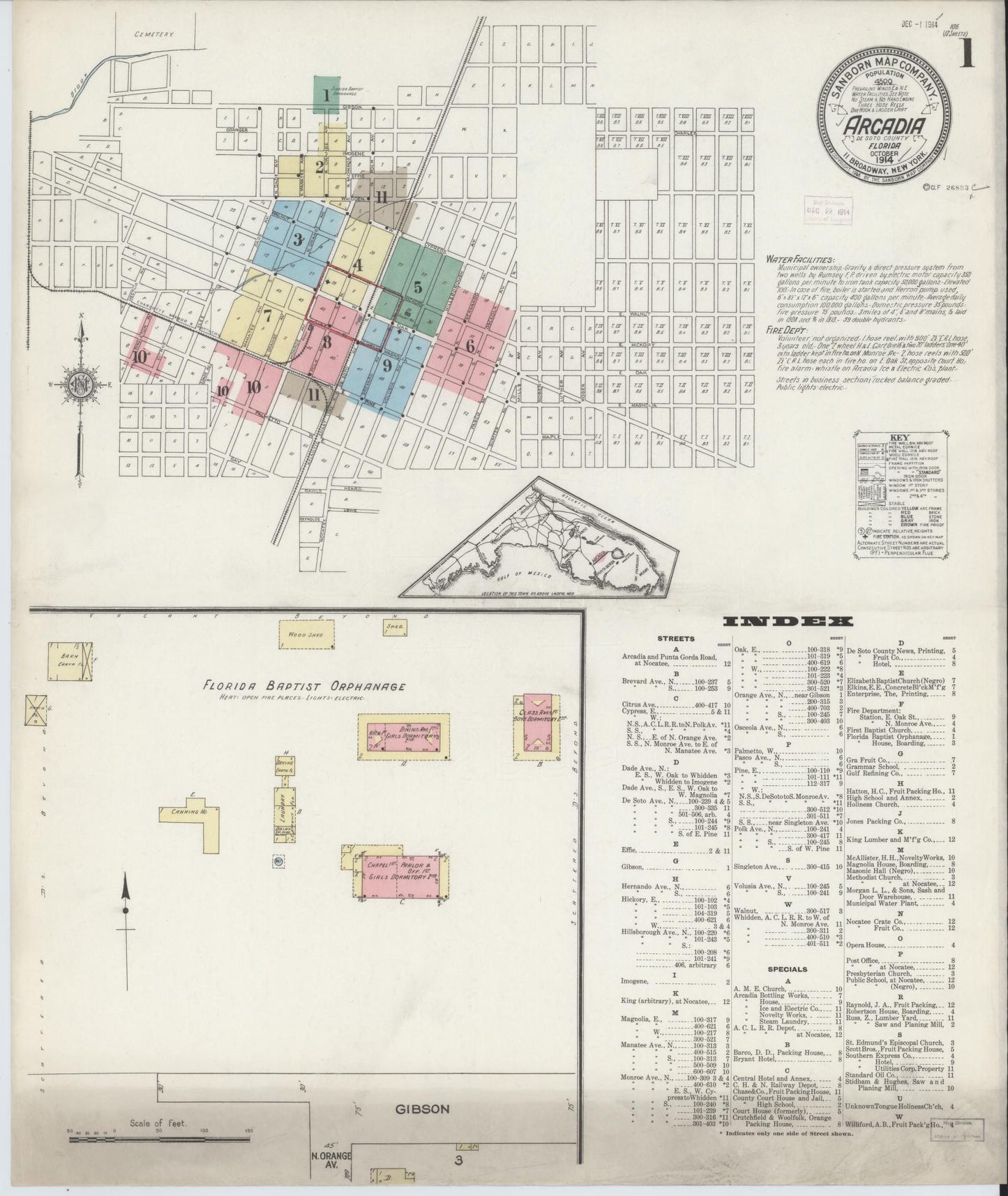 Sanborn Fire Insurance Map from Arcadia, DeSoto County, Florida (1914), Sheet #0001 - Historic Sanborn Fire Insurance Map Print, vintage old map wall art, antique decor, genealogy gift, Florida Florida map