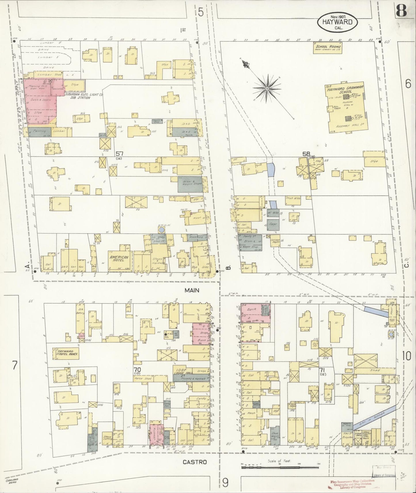 Sanborn Fire Insurance Map from Hayward, Alameda County, California (1907), Sheet #0008 - Historic Sanborn Fire Insurance Map Print, vintage old map wall art, antique decor, genealogy gift, California California map