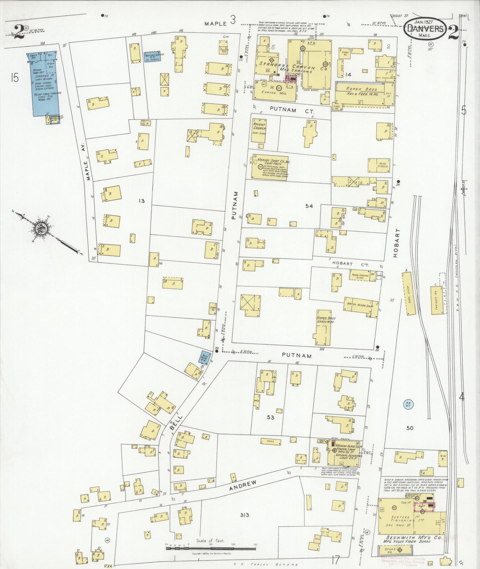 Sanborn Fire Insurance Map from Danvers, Essex County, Massachusetts (1927), Sheet #0002 - Historic Sanborn Fire Insurance Map Print, vintage old map wall art, antique decor, genealogy gift, Massachusetts Massachusetts map