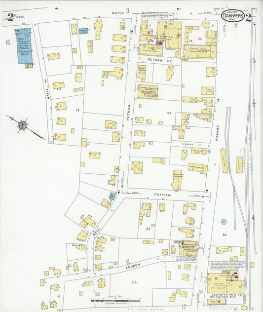 Sanborn Fire Insurance Map from Danvers, Essex County, Massachusetts (1927), Sheet #0002 - Historic Sanborn Fire Insurance Map Print, vintage old map wall art, antique decor, genealogy gift, Massachusetts Massachusetts map