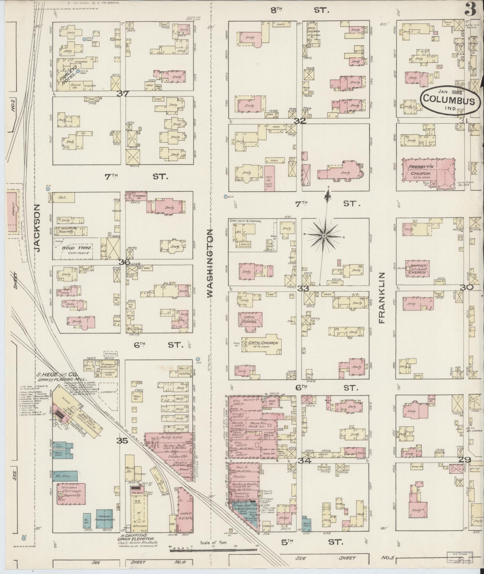 Sanborn Fire Insurance Map from Columbus, Bartholomew County, Indiana (1886), Sheet #0003 - Complete Map Set gallery image, historic Sanborn map, vintage wall art, Indiana Indiana