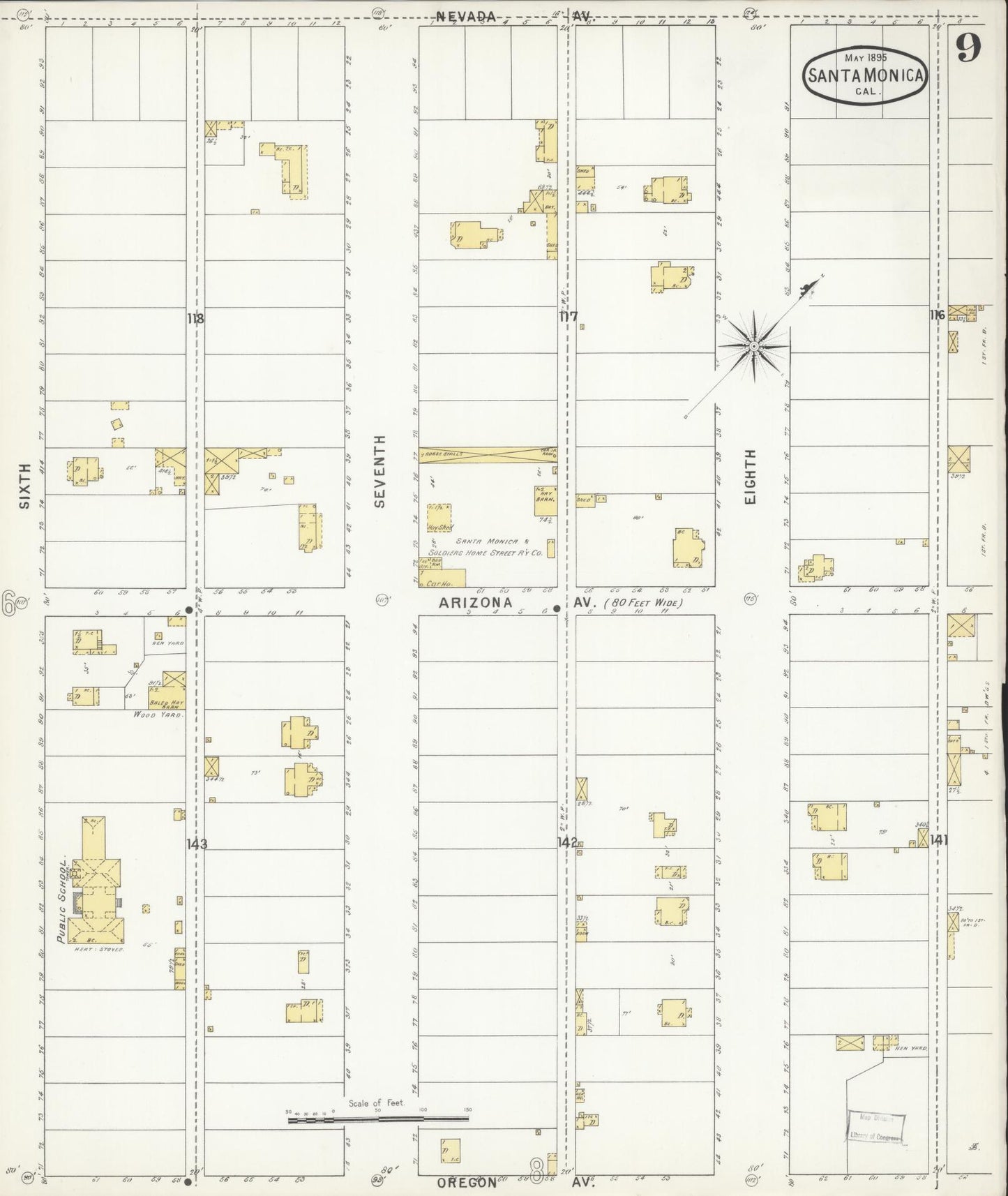 Sanborn Fire Insurance Map from Santa Monica, Los Angeles County, California (1895), Sheet #0009 - Complete Map Set gallery image, historic Sanborn map, vintage wall art, California California