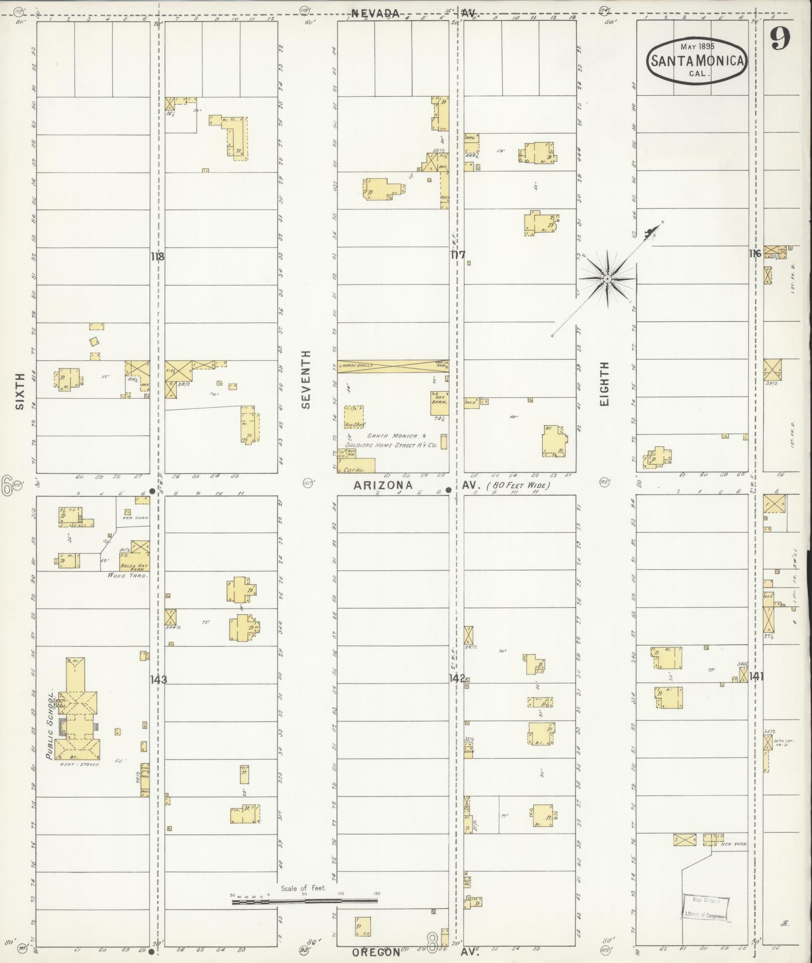 Sanborn Fire Insurance Map from Santa Monica, Los Angeles County, California (1895), Sheet #0009 - Complete Map Set gallery image, historic Sanborn map, vintage wall art, California California