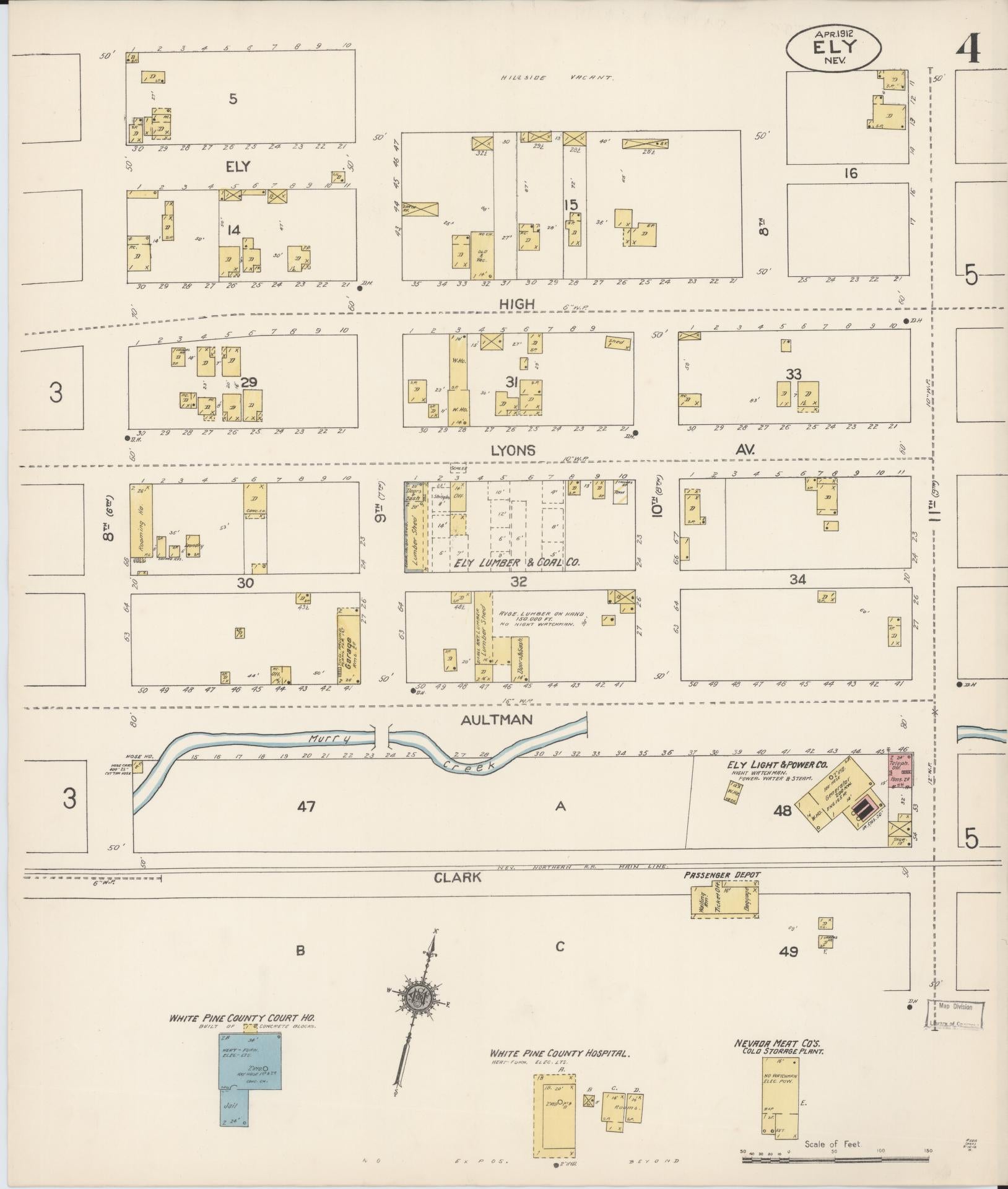 Sanborn Fire Insurance Map from Ely, White Pine County, Nevada (1912), Sheet #0004 - Historic Sanborn Fire Insurance Map Print, vintage old map wall art, antique decor, genealogy gift, Nevada Nevada map