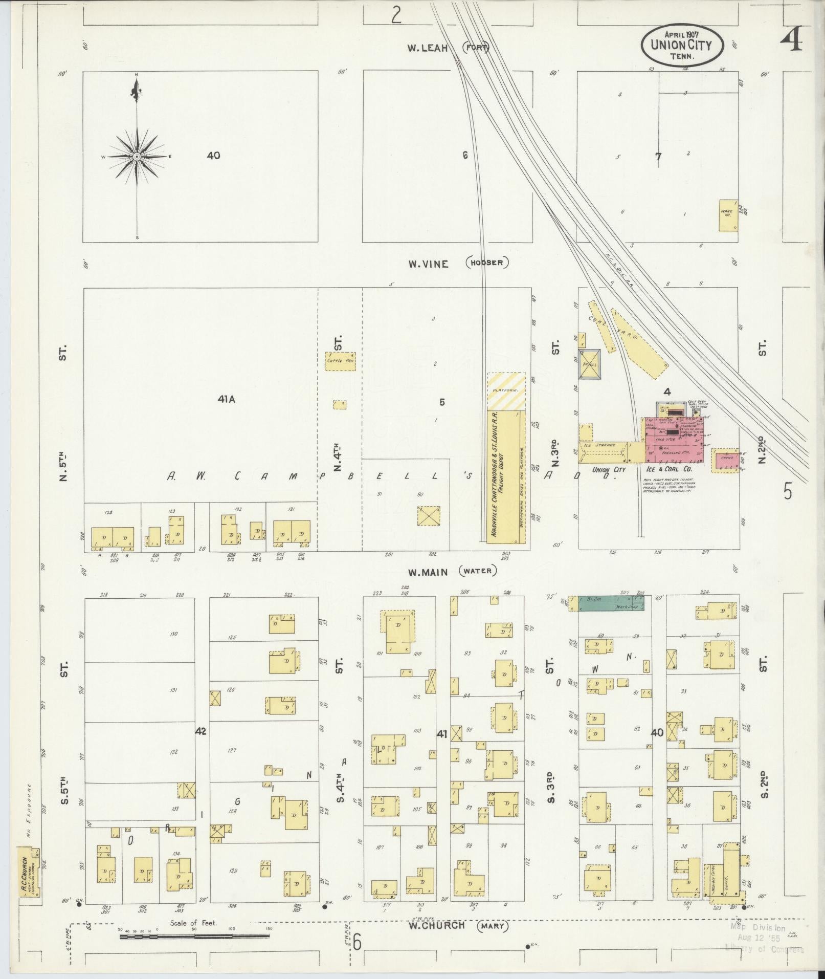 Sanborn Fire Insurance Map from Union City, Obion County, Tennessee (1907), Sheet #0004 - Complete Map Set gallery image, historic Sanborn map, vintage wall art, Tennessee Tennessee