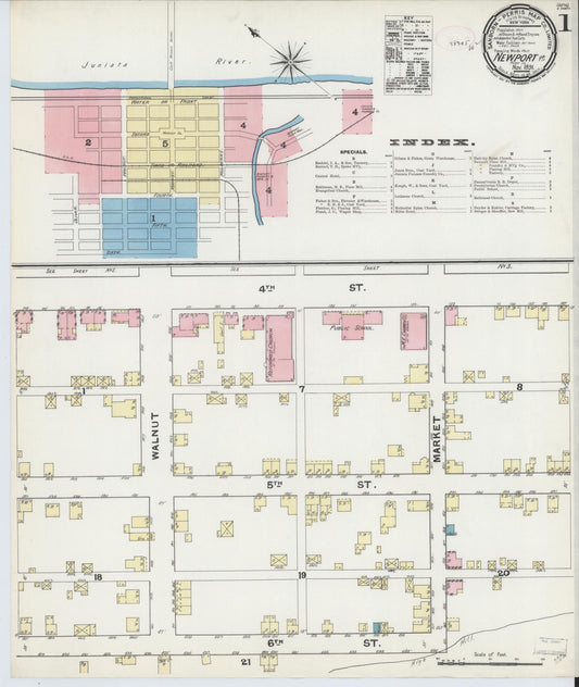 Sanborn Fire Insurance Map from Newport, Perry County, Pennsylvania (1891), Sheet #0001 - Historic Sanborn Fire Insurance Map Print, vintage old map wall art, antique decor, genealogy gift, Pennsylvania Pennsylvania map