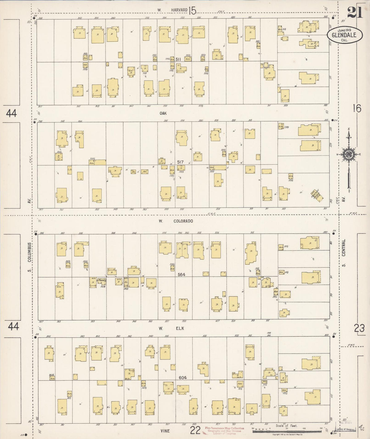 Sanborn Fire Insurance Map from Glendale, Los Angeles County, California (1919), Sheet #0021 - Complete Map Set gallery image, historic Sanborn map, vintage wall art, California California