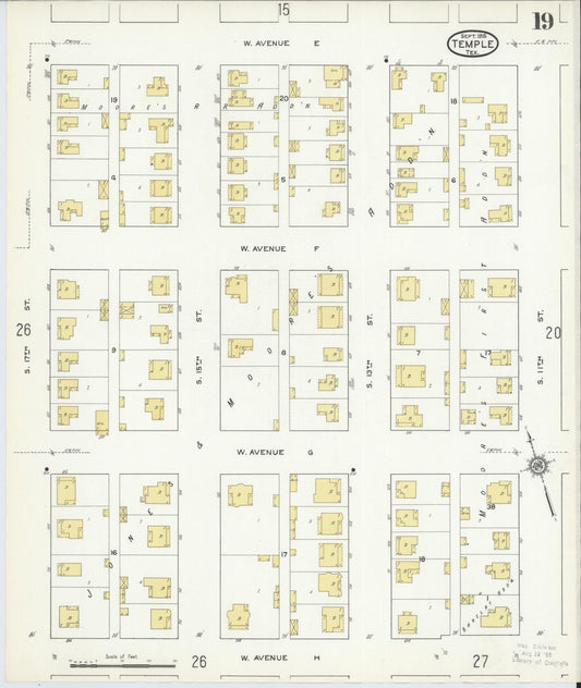 Sanborn Fire Insurance Map from Temple, Bell County, Texas (1915), Sheet #0019 - Historic Sanborn Fire Insurance Map Print, vintage old map wall art, antique decor, genealogy gift, Texas Texas map