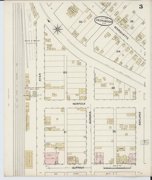 Sanborn Fire Insurance Map from Ironwood, Gogebic County, Michigan (1888), Sheet #0003 - Historic Sanborn Fire Insurance Map Print, vintage old map wall art, antique decor, genealogy gift, Michigan Michigan map
