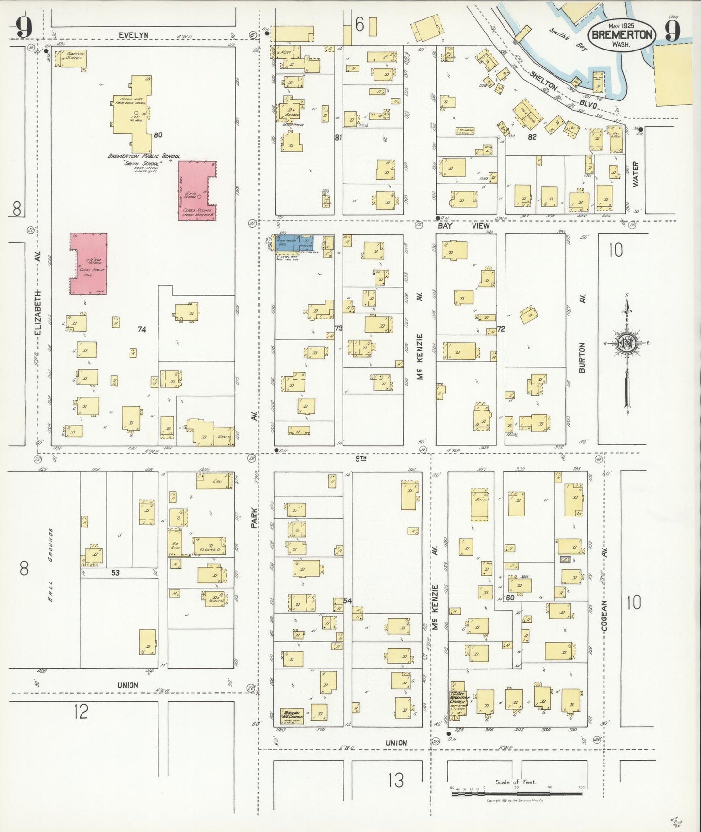 Sanborn Fire Insurance Map from Bremerton, Kitsap County, Washington (1925), Sheet #0009 - Historic Sanborn Fire Insurance Map Print, vintage old map wall art, antique decor, genealogy gift, Washington Washington map