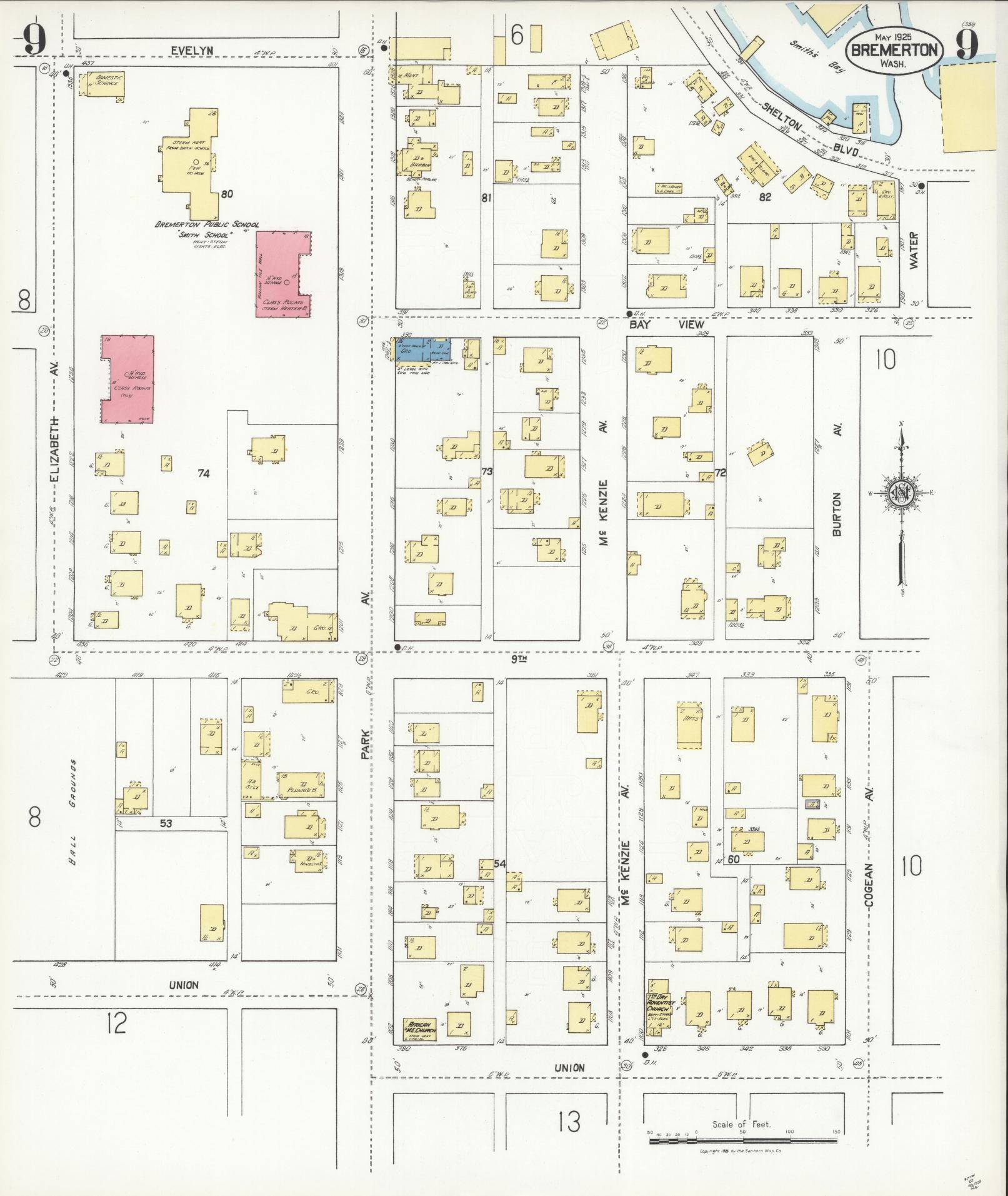 Sanborn Fire Insurance Map from Bremerton, Kitsap County, Washington (1925), Sheet #0009 - Historic Sanborn Fire Insurance Map Print, vintage old map wall art, antique decor, genealogy gift, Washington Washington map