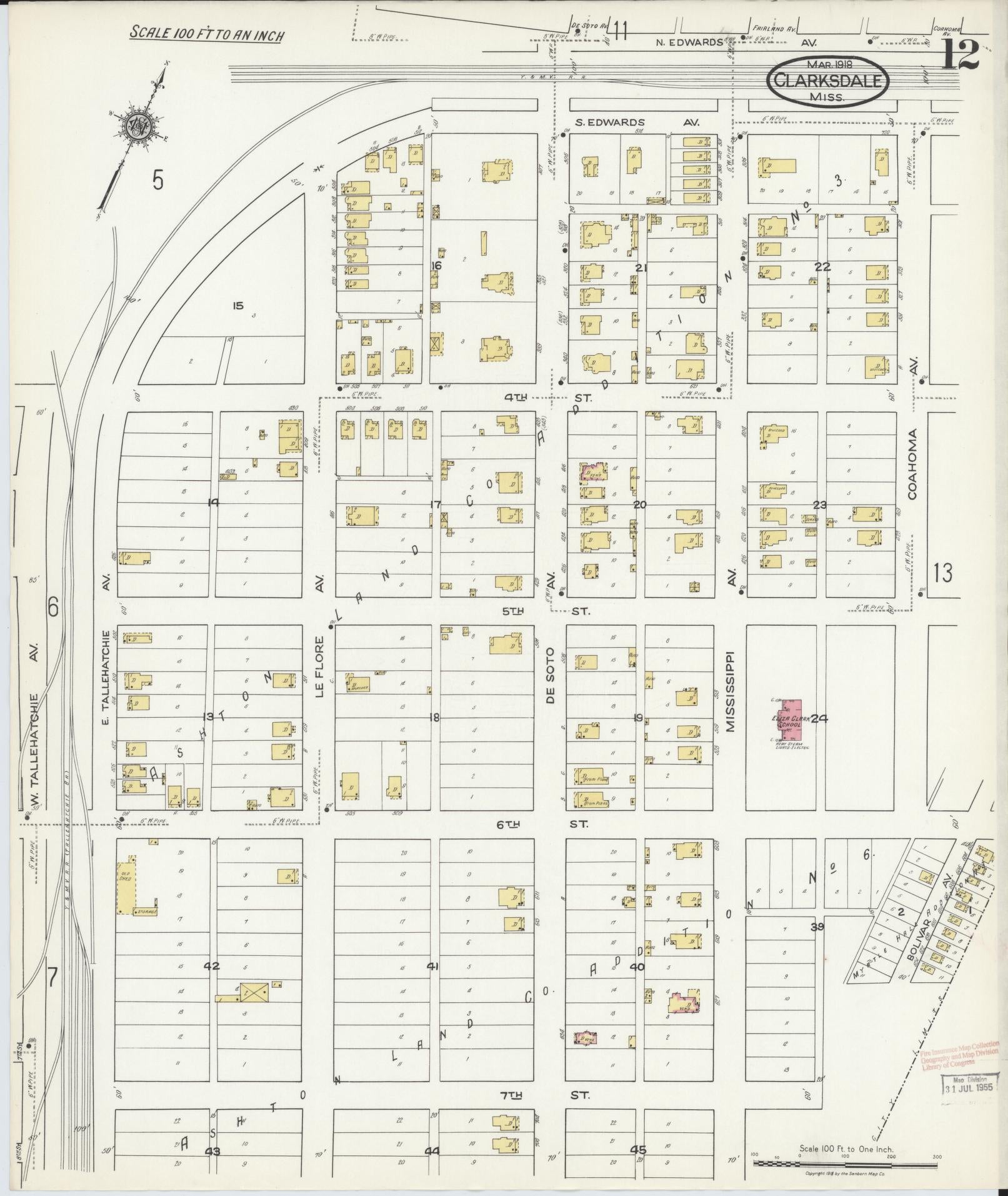 Sanborn Fire Insurance Map from Clarksdale, Coahoma County, Mississippi (1918), Sheet #0012 - Complete Map Set gallery image, historic Sanborn map, vintage wall art, Mississippi Mississippi