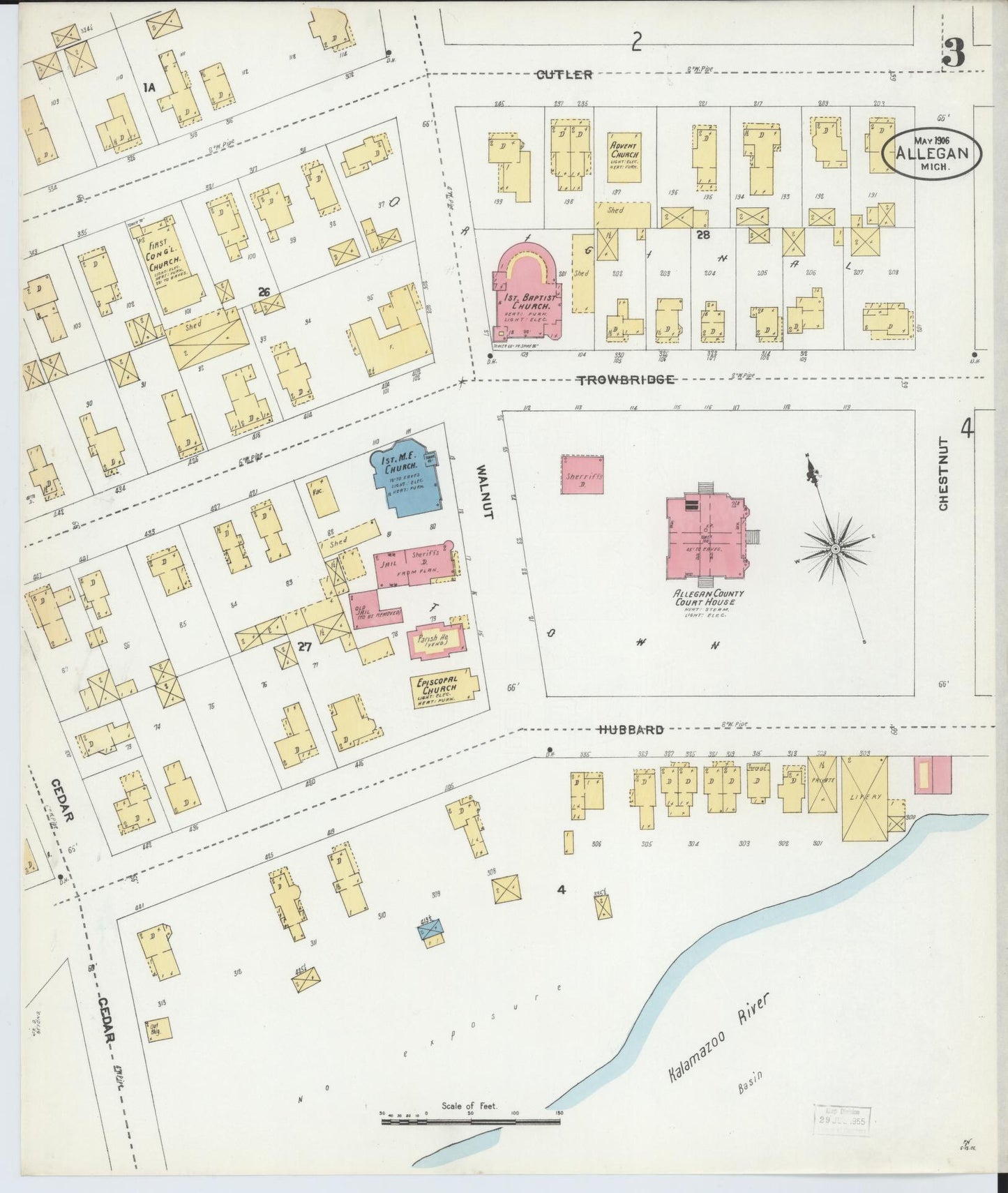 Sanborn Fire Insurance Map from Allegan, Allegan County, Michigan (1906), Sheet #0003 - Complete Map Set gallery image, historic Sanborn map, vintage wall art, Michigan Michigan