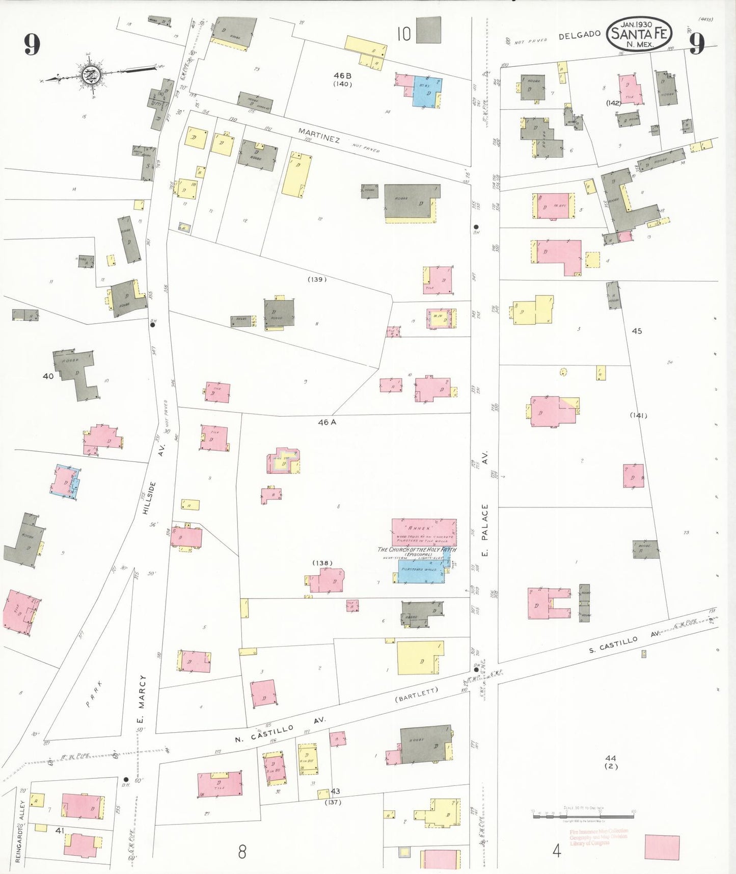 Sanborn Fire Insurance Map from Santa Fe, Santa Fe County, New Mexico (1930), Sheet #0009 - Complete Map Set gallery image, historic Sanborn map, vintage wall art, New Mexico New Mexico