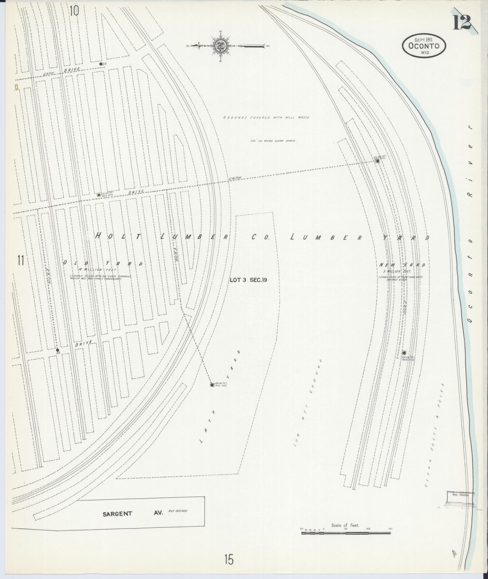 Sanborn Fire Insurance Map from Oconto, Oconto County, Wisconsin (1911), Sheet #0012 - Historic Sanborn Fire Insurance Map Print, vintage old map wall art, antique decor, genealogy gift, Wisconsin Wisconsin map