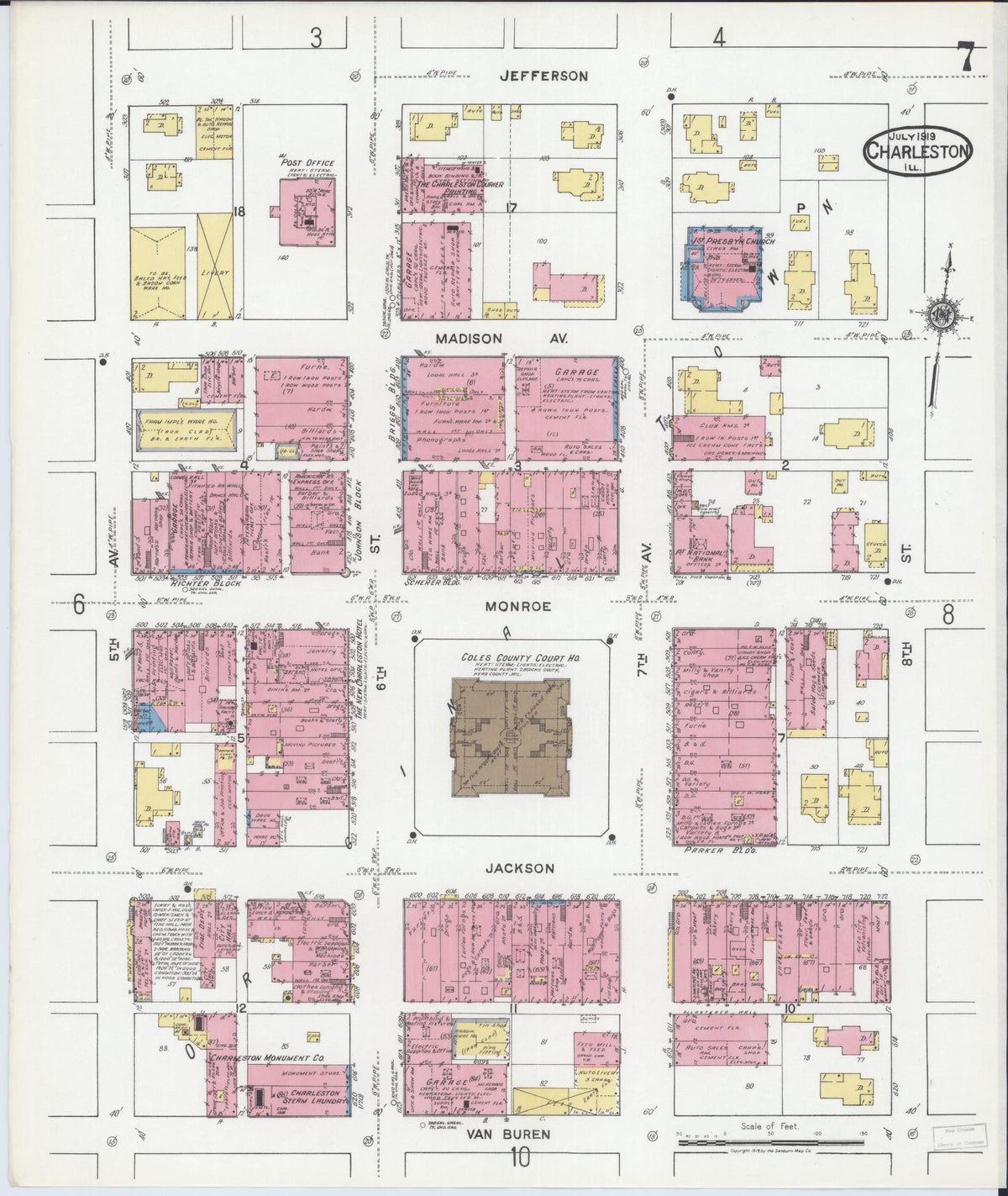 Sanborn Fire Insurance Map from Charleston, Coles County, Illinois (1919), Sheet #0007 - Complete Map Set gallery image, historic Sanborn map, vintage wall art, Illinois Illinois