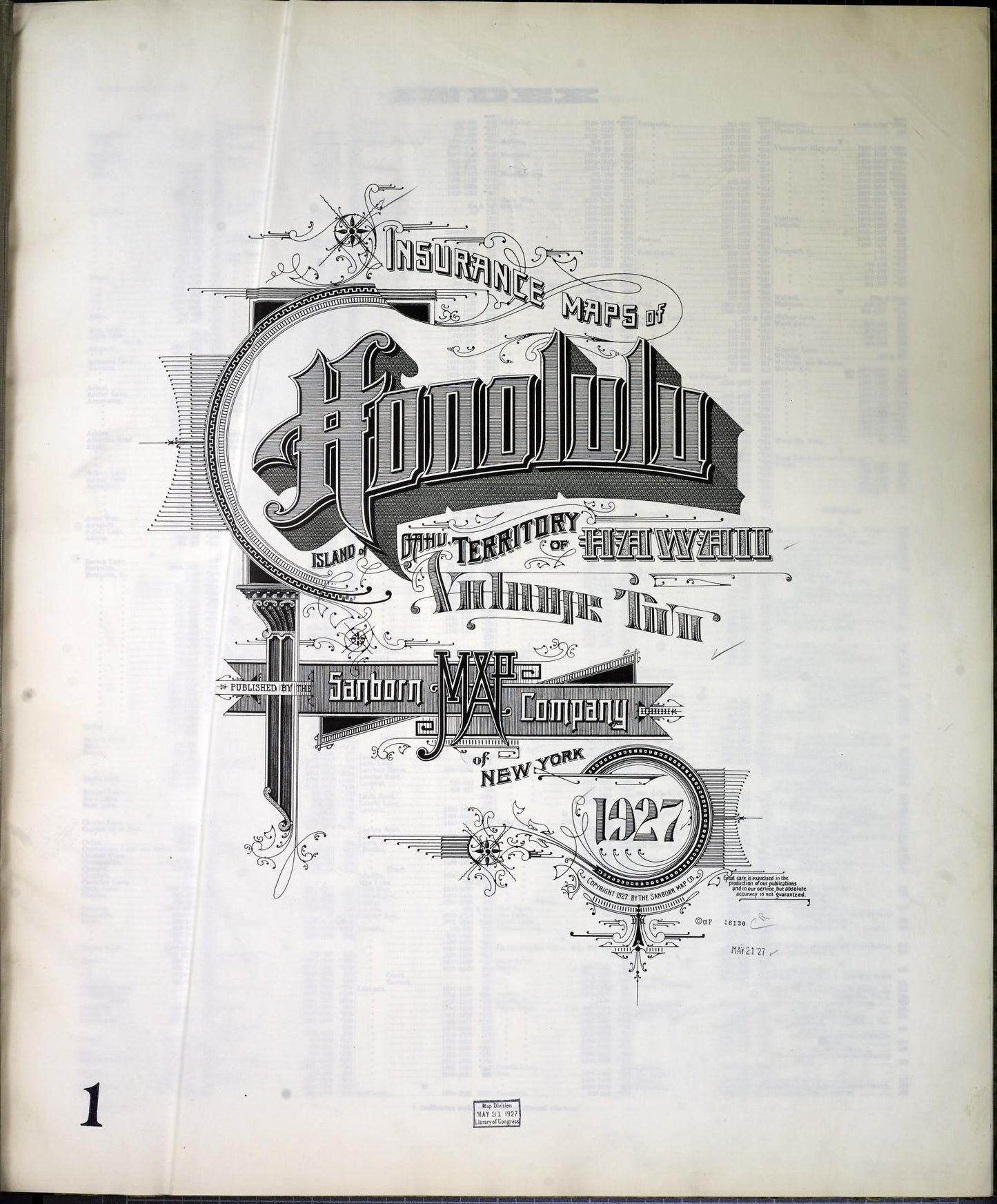 Sanborn Fire Insurance Map from Honolulu, Oahu County, Hawaii (1927), Sheet #0001 - Historic Sanborn Fire Insurance Map Print