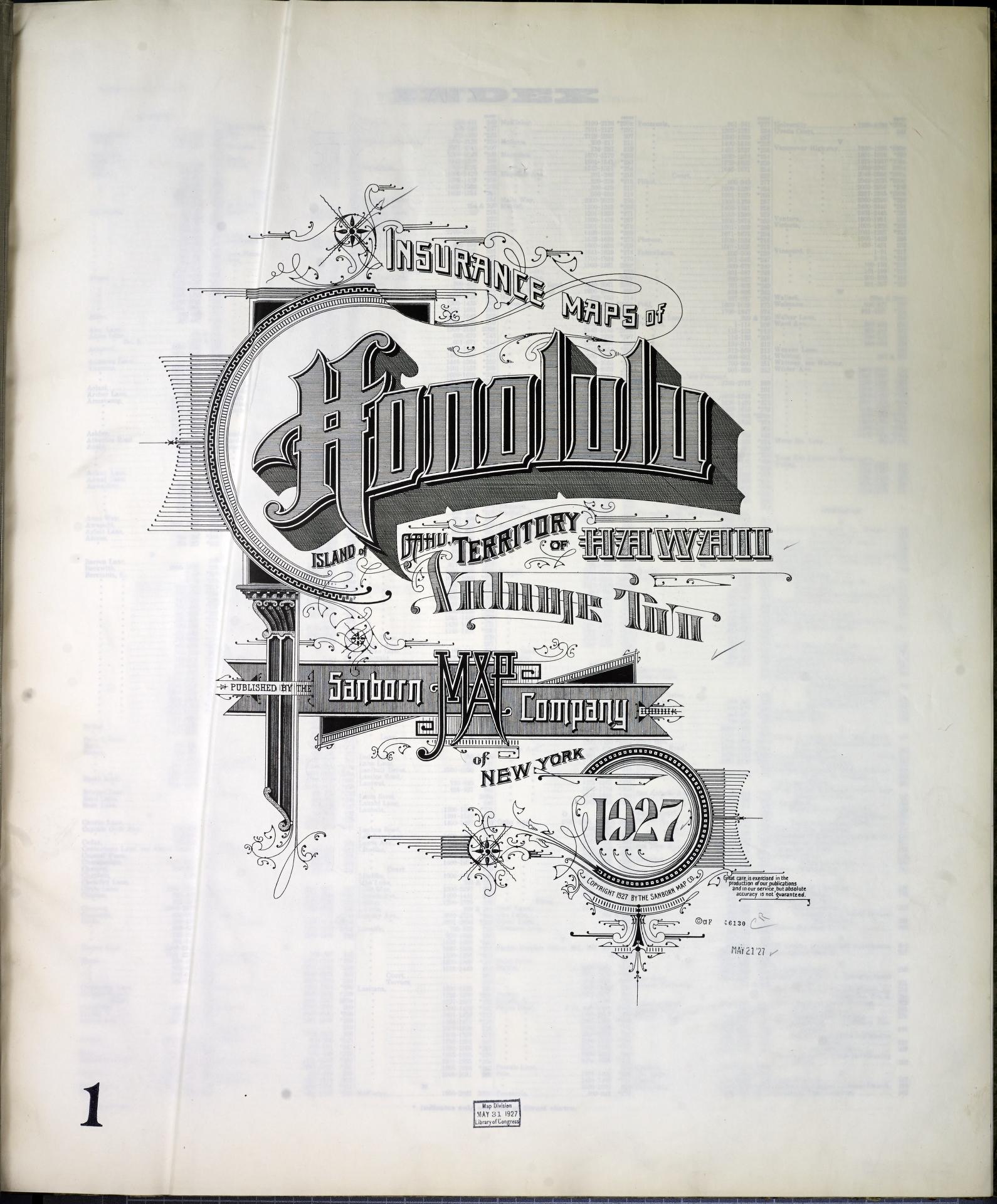 Sanborn Fire Insurance Map from Honolulu, Oahu County, Hawaii (1927), Sheet #0001 - Historic Sanborn Fire Insurance Map Print