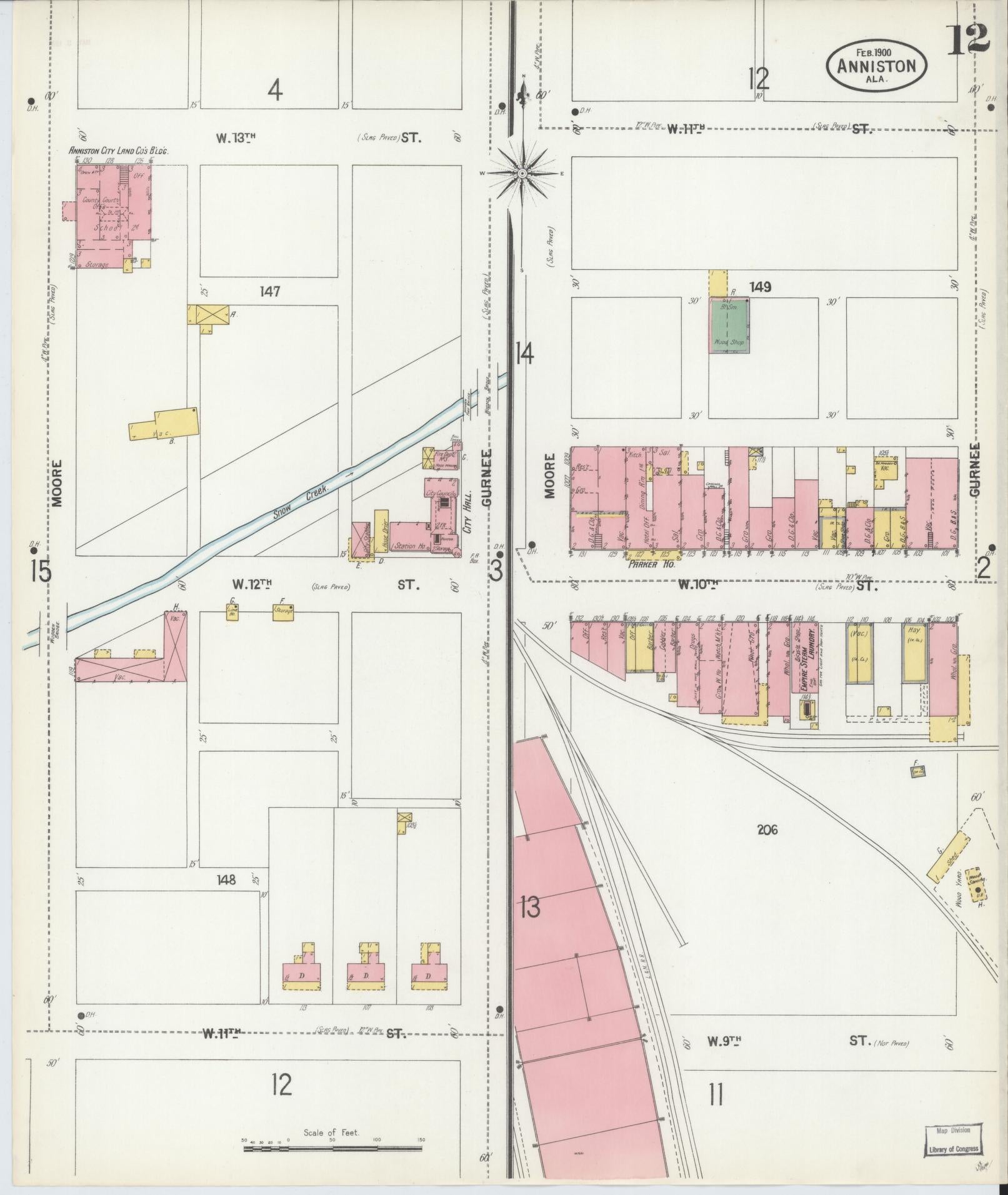 Sanborn Fire Insurance Map from Anniston, Calhoun County, Alabama (1900), Sheet #0012 - Historic Sanborn Fire Insurance Map Print, vintage old map wall art, antique decor, genealogy gift, Alabama Alabama map