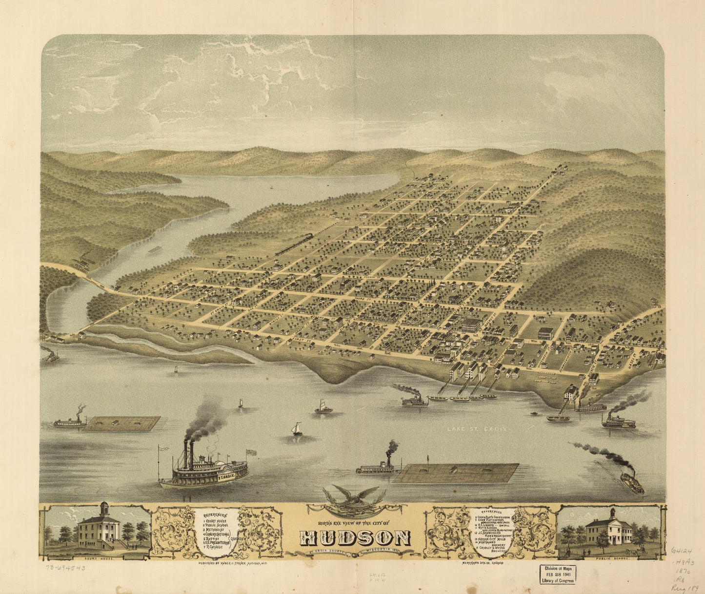 Bird's eye view of the city of Hudson, St. Croix County, Wisconsin 1870. (1870) – Historic Bird’s-Eye View Panorama Print