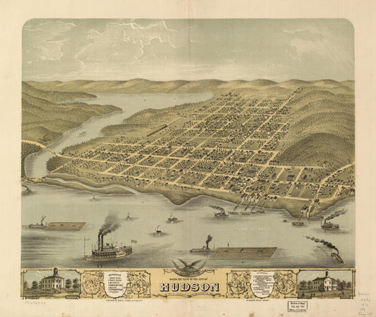 Bird's eye view of the city of Hudson, St. Croix County, Wisconsin 1870. (1870) – Historic Bird’s-Eye View Panorama Print