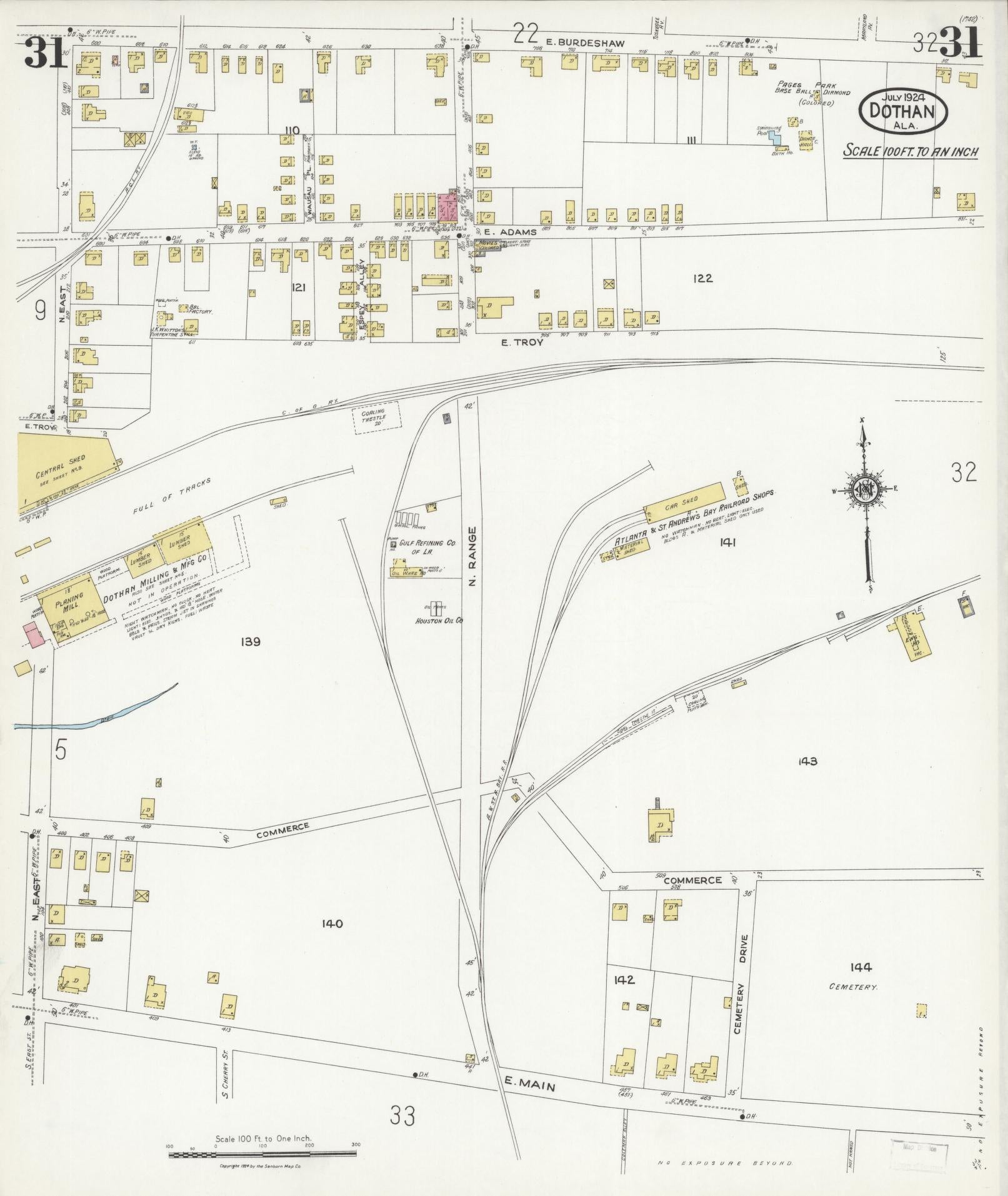 Sanborn Fire Insurance Map from Dothan, Houston County, Alabama (1924), Sheet #0031 - Historic Sanborn Fire Insurance Map Print, vintage old map wall art, antique decor, genealogy gift, Alabama Alabama map
