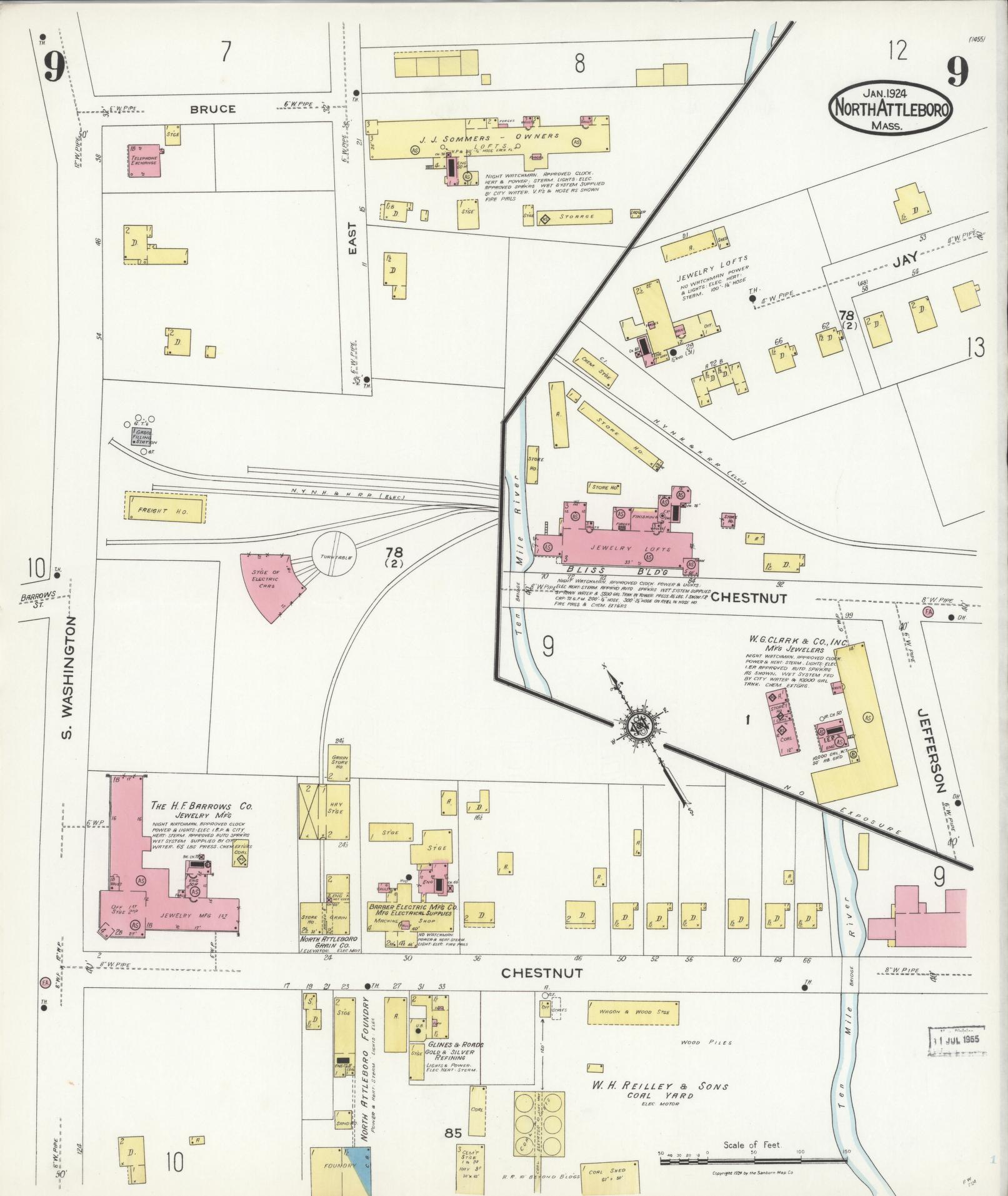 Sanborn Fire Insurance Map from North Attleborough, Bristol County, Massachusetts (1924), Sheet #0009 - Complete Map Set gallery image, historic Sanborn map, vintage wall art, Massachusetts Massachusetts