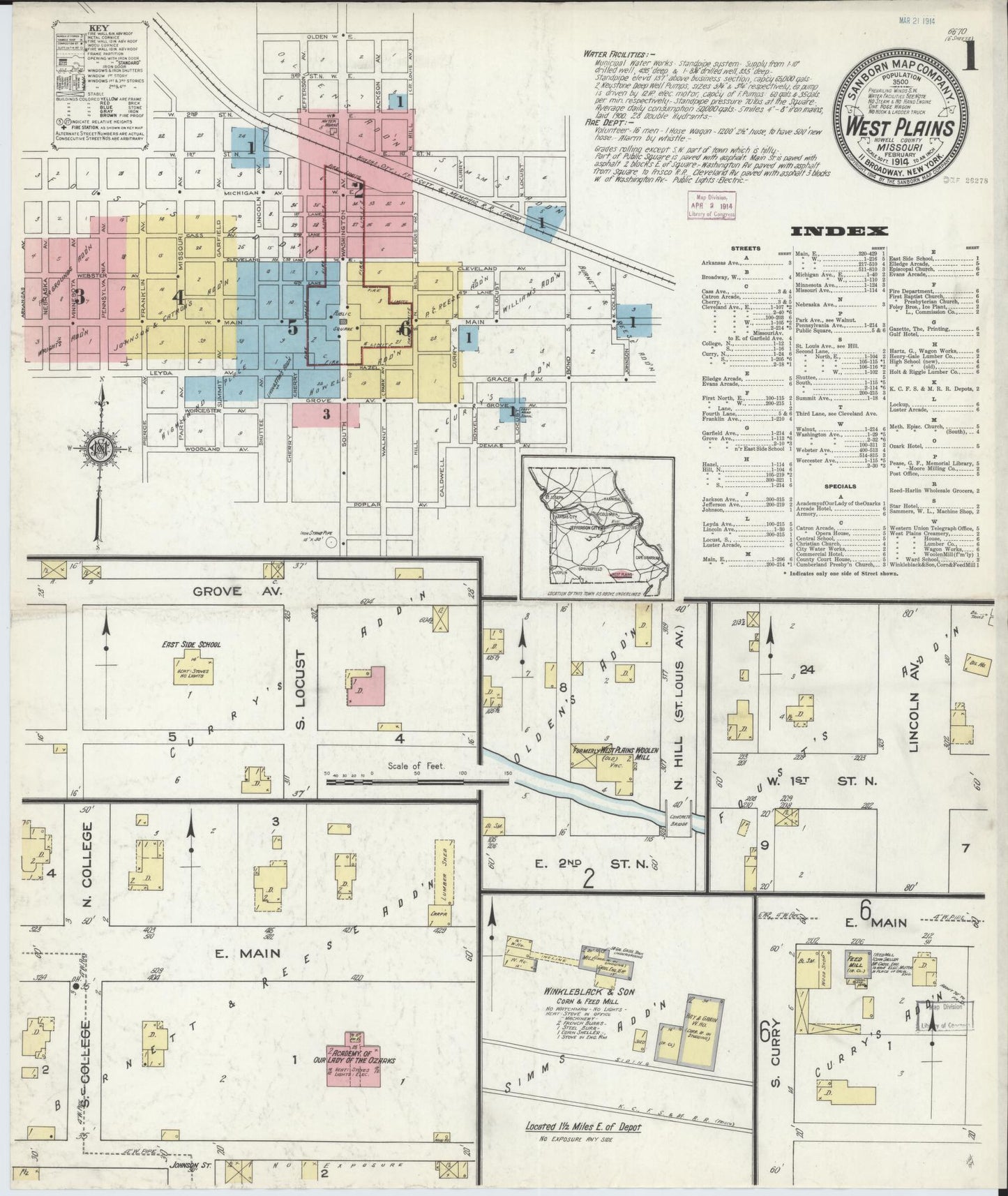 Sanborn Fire Insurance Map from West Plains, Howell County, Missouri (1914), Sheet #0001 - Complete Map Set gallery image, historic Sanborn map, vintage wall art, Missouri Missouri