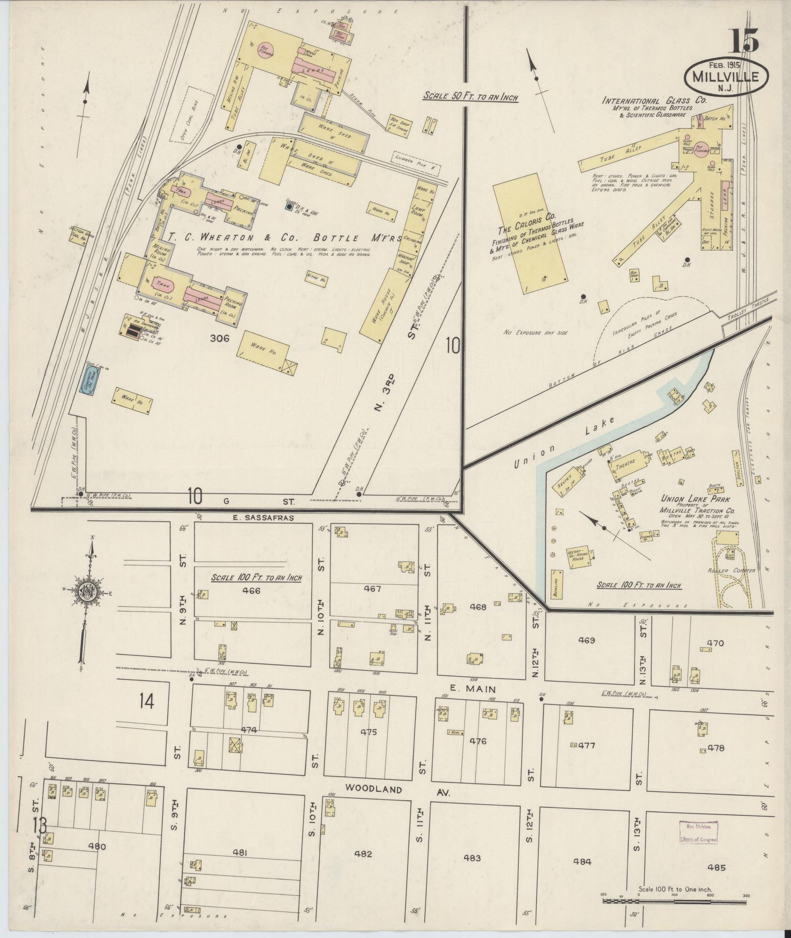 Sanborn Fire Insurance Map from Millville, Cumberland County, New Jersey (1915), Sheet #0015 - Historic Sanborn Fire Insurance Map Print, vintage old map wall art, antique decor, genealogy gift, New Jersey New Jersey map