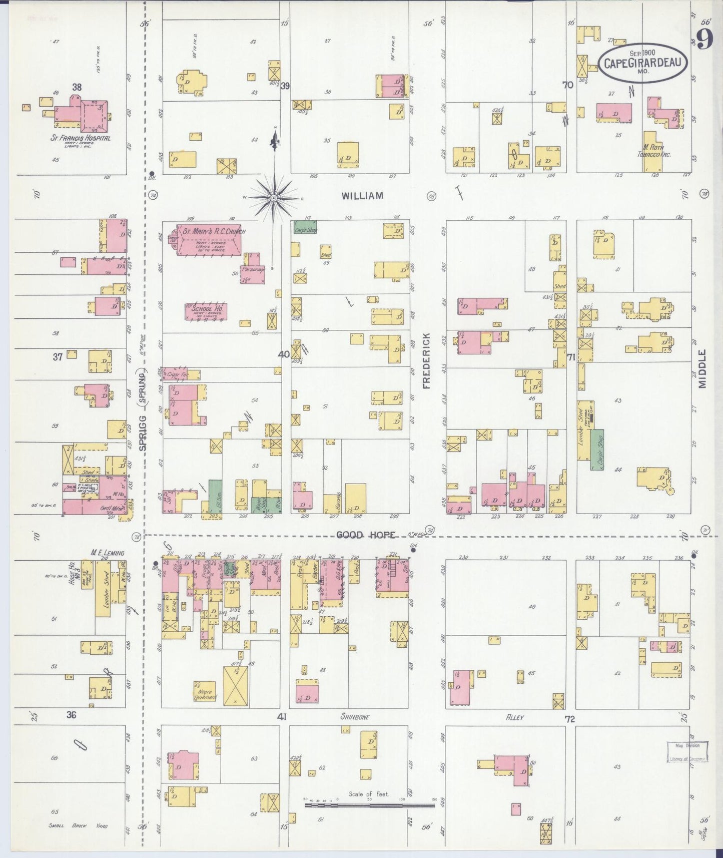 Sanborn Fire Insurance Map from Cape Girardeau, Cape Girardeau County, Missouri (1900), Sheet #0009 - Historic Sanborn Fire Insurance Map Print, vintage old map wall art, antique decor, genealogy gift, Missouri Missouri map
