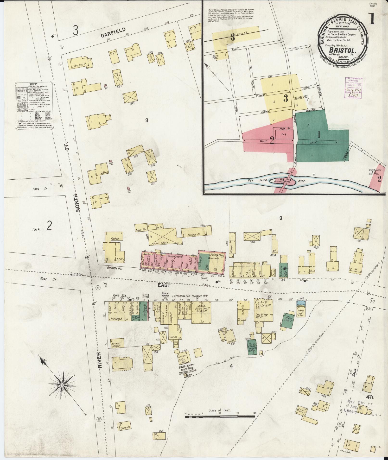 Sanborn Fire Insurance Map from Bristol, Addison County, Vermont (1901), Sheet #0001 - Historic Sanborn Fire Insurance Map Print, vintage old map wall art, antique decor, genealogy gift, Vermont Vermont map