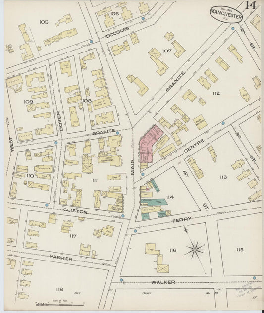 Sanborn Fire Insurance Map from Manchester, Hillsborough County, New Hampshire (1885), Sheet #0014 - Historic Sanborn Fire Insurance Map Print, vintage old map wall art, antique decor, genealogy gift, New Hampshire New Hampshire map