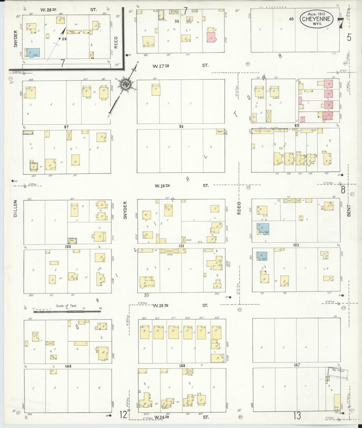 Sanborn Fire Insurance Map from Cheyenne, Laramie County, Wyoming (1912), Sheet #0007 - Historic Sanborn Fire Insurance Map Print, vintage old map wall art, antique decor, genealogy gift, Wyoming Wyoming map