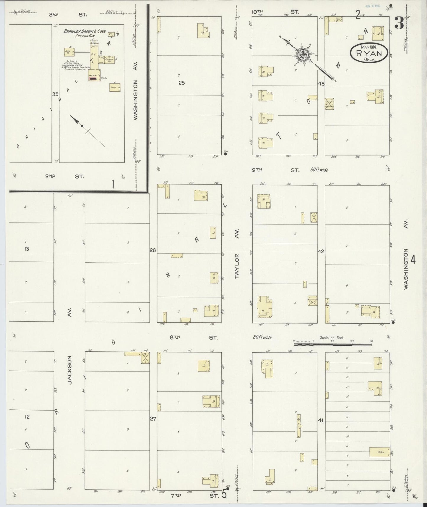 Sanborn Fire Insurance Map from Ryan, Jefferson County, Oklahoma (1914), Sheet #0003 - Complete Map Set gallery image, historic Sanborn map, vintage wall art, Oklahoma Oklahoma