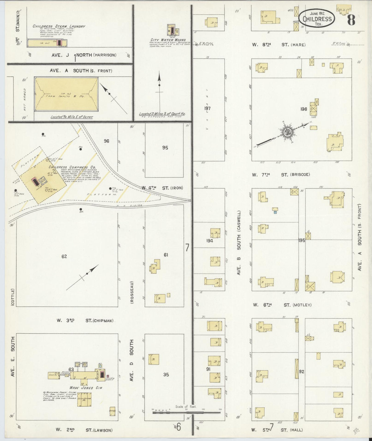 Sanborn Fire Insurance Map from Childress, Childress County, Texas (1912), Sheet #0008 - Historic Sanborn Fire Insurance Map Print, vintage old map wall art, antique decor, genealogy gift, Texas Texas map