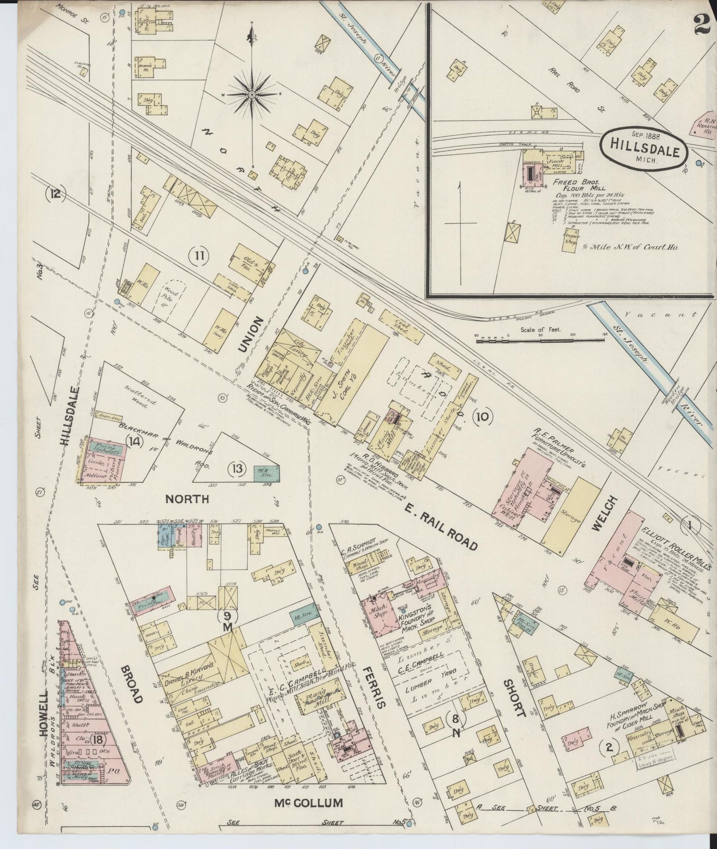 Sanborn Fire Insurance Map from Hillsdale, Hillsdale County, Michigan (1888), Sheet #0002 - Complete Map Set gallery image, historic Sanborn map, vintage wall art, Michigan Michigan