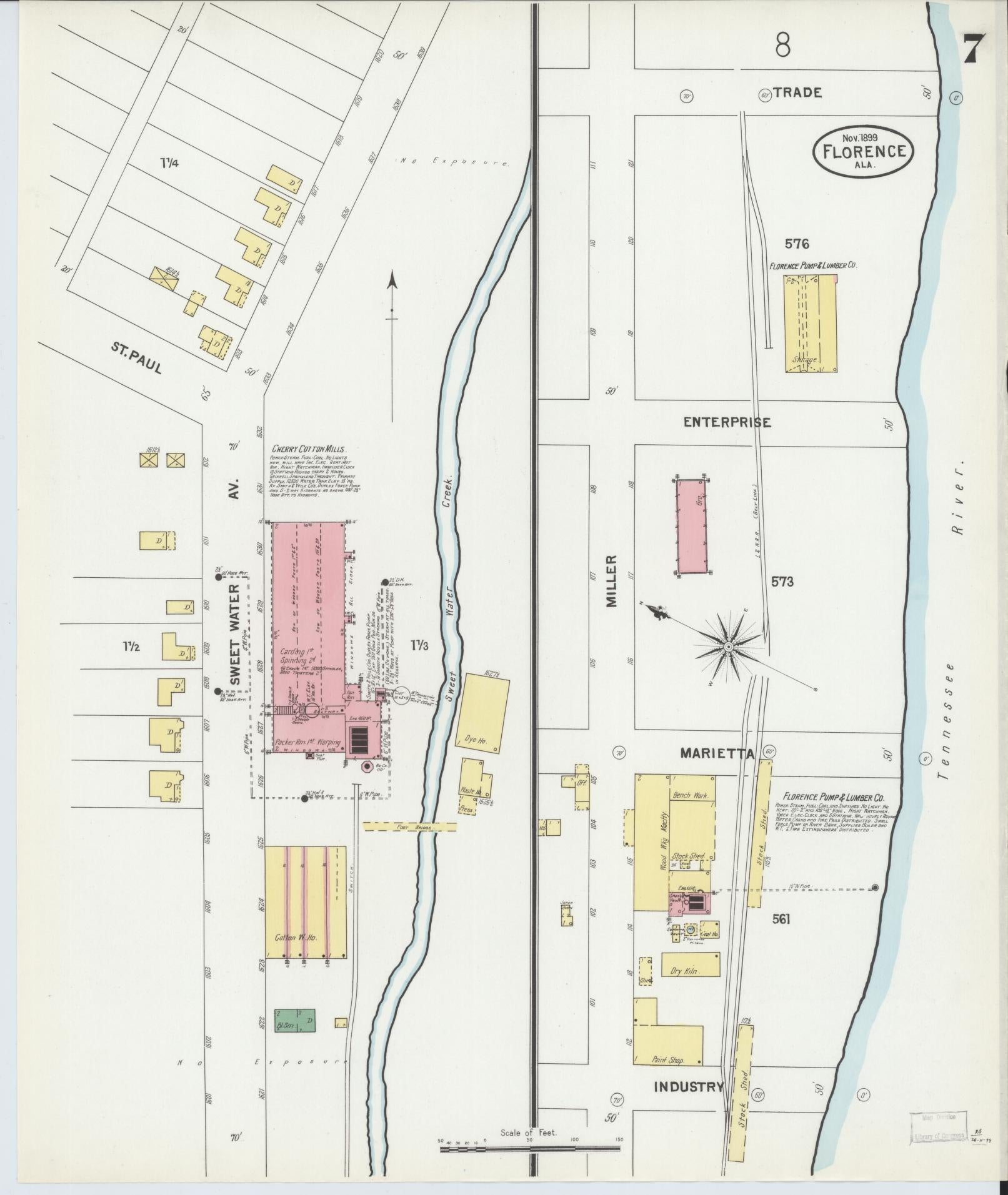 Sanborn Fire Insurance Map from Florence, Lauderdale County, Alabama (1899), Sheet #0007 - Historic Sanborn Fire Insurance Map Print, vintage old map wall art, antique decor, genealogy gift, Alabama Alabama map